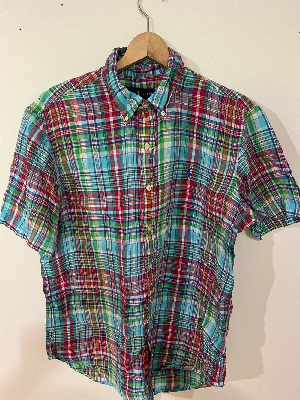 Ralph Lauren Short-Sleeve 100% Linen Plaid Button-Down Shirt - Green Blue Red